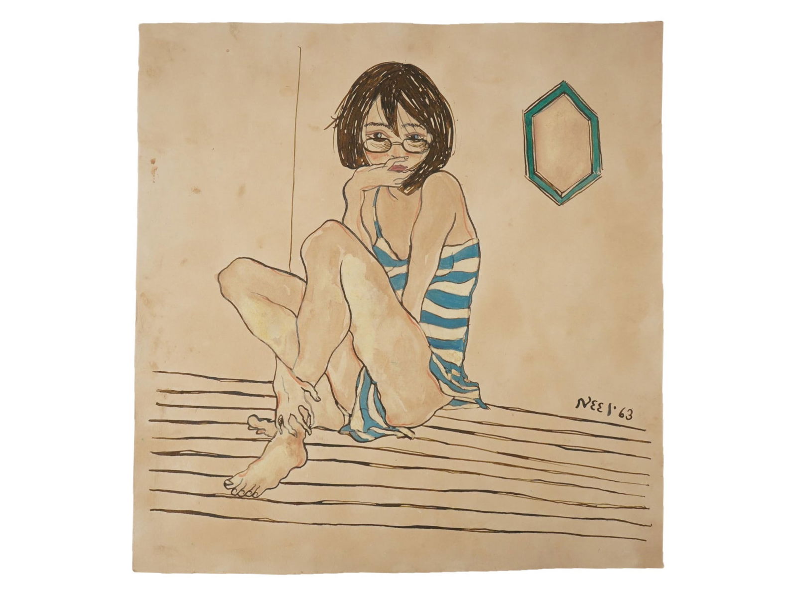 ATTR ALICE NEEL AMERICAN PORTRAIT PAINTING ON PAPER (1 of 4)