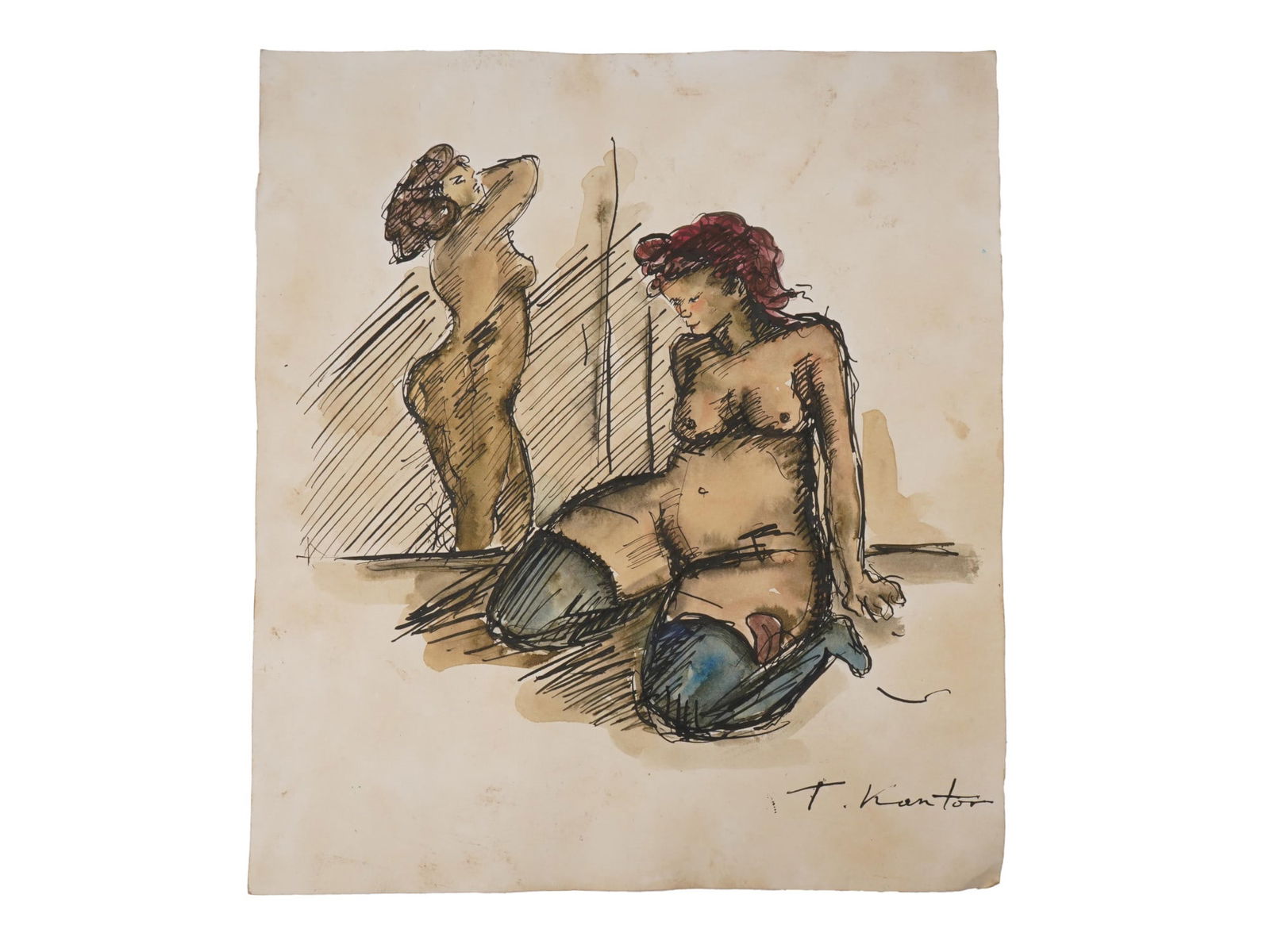 ATTR TO TADEUSZ KANTOR INK WATERCOLOR PAINTING W COA: Attributed to Tadeus Kantor, Polish, 1915 to 1990, ink and watercolor painting on paper depicting two nude ladies. Signed, T. Kantor, lower right. Stamped on the back side. Comes with a certificate of