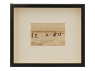 MID CENTURY WATERCOLOR PAINTING SCENE WITH FISHERMEN