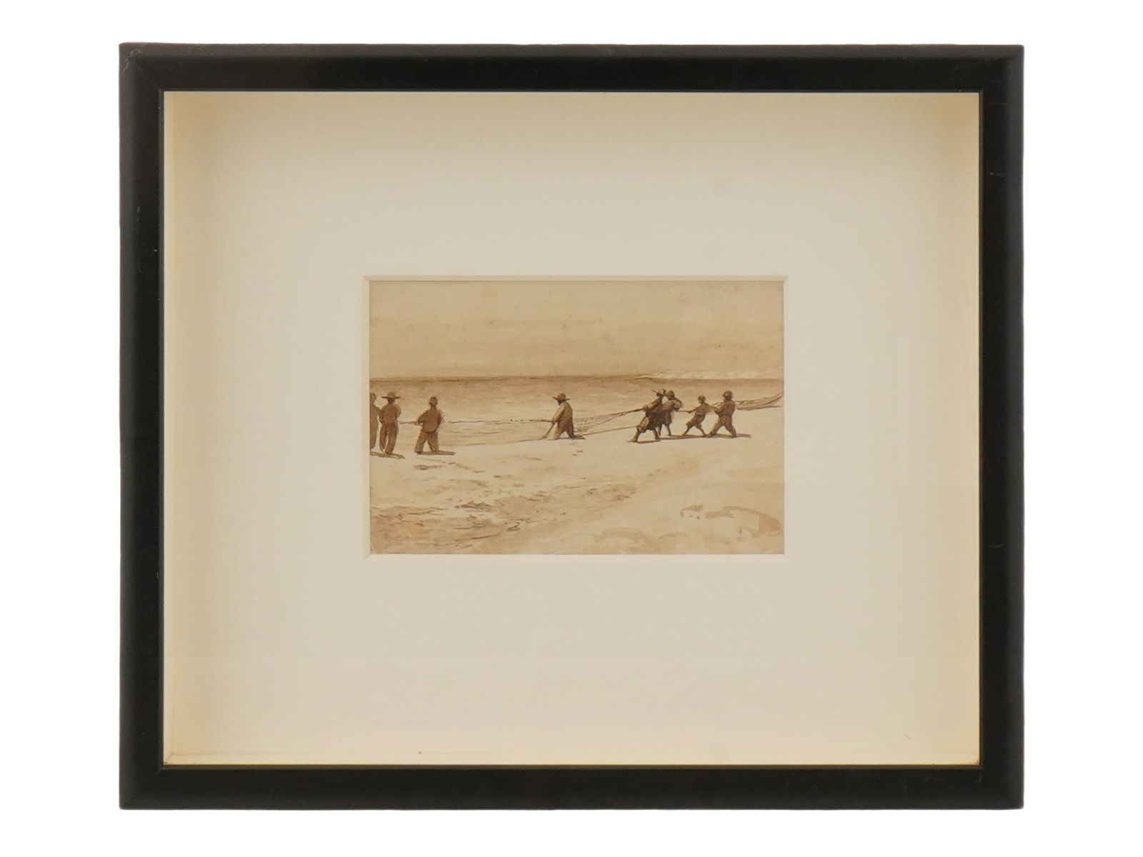 MID CENTURY WATERCOLOR PAINTING SCENE WITH FISHERMEN (1 of 3)