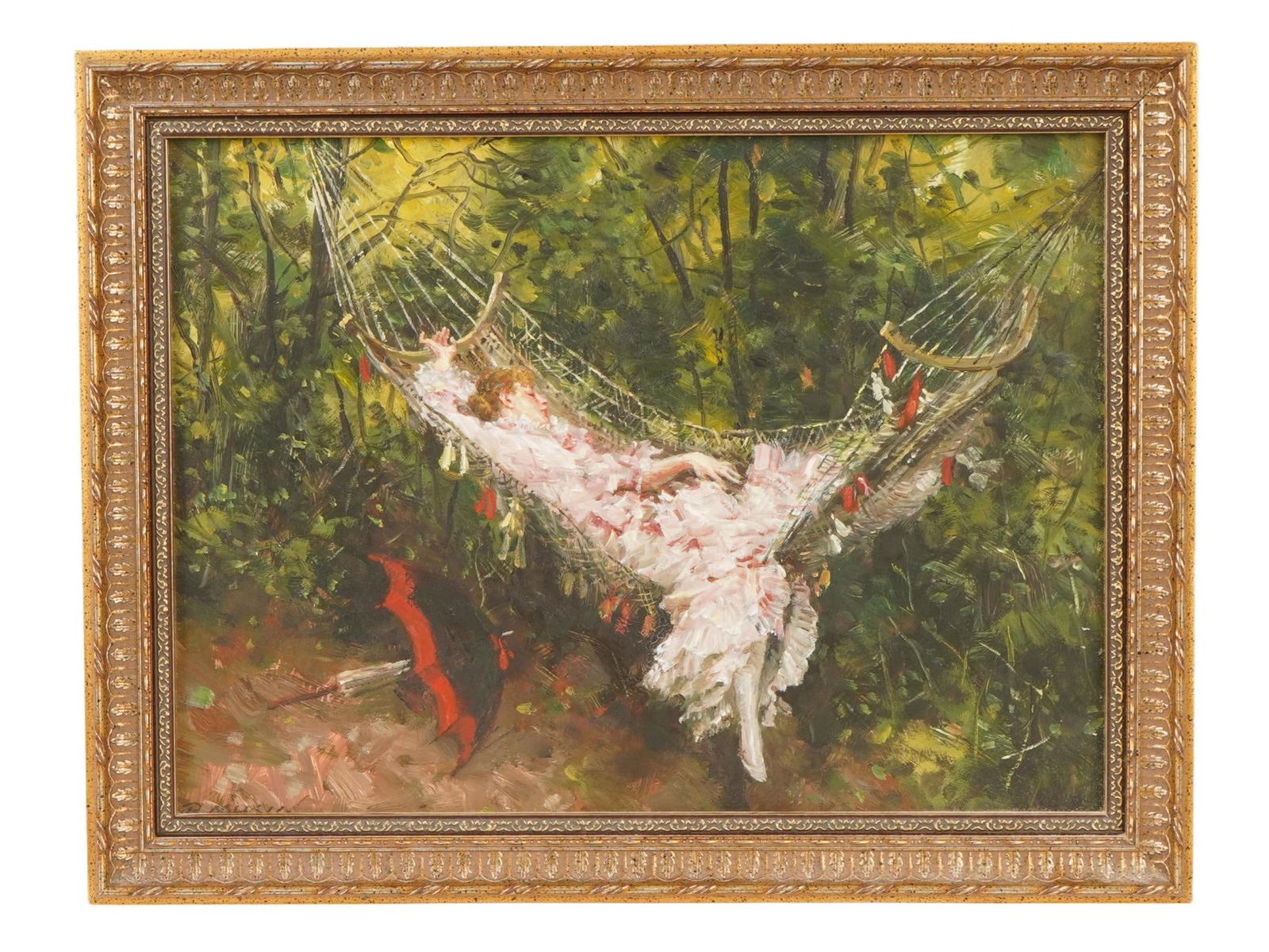 IMPRESSIONIST OIL PAINTING AFTER GIOVANNI BOLDINI: An oil painting on board depicting a portrait of a lady laying in a hammock after the original oil painting, Girl in a Hammock, 1873 by Giovanni Boldini, 1842 to 1931. Signed by the artist, lower left