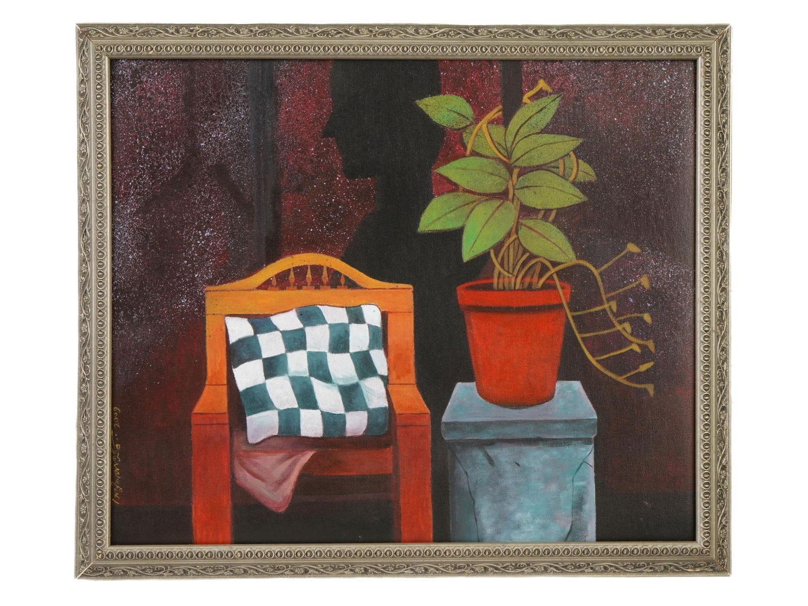 MID CENT INDIAN OIL PAINTING SIGNED GANESH PYNE: An oil on canvas painting, signed Ganesh Pyne, Indian, 1937 to 2013, dated 2009, on the left side. Framed. Depicting a still life composition The Plant, The Chair And The Wall. Ganesh Pyne is known fo