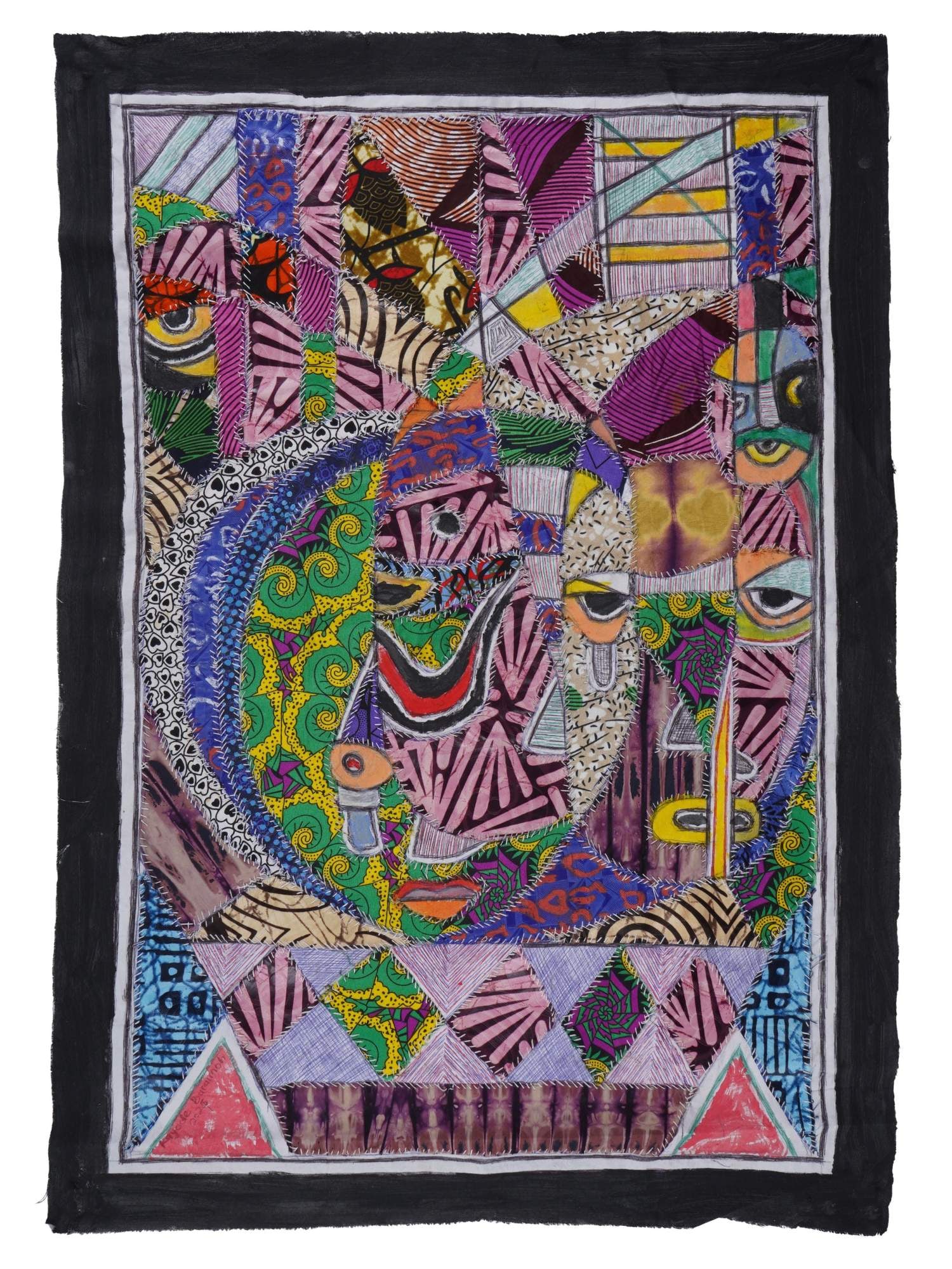 KAYODE BURAIMOH NIGERIAN MIXED MEDIA STITCHES ARTWORK: Kayode Buraimoh, a Modernist Nigerian artist, a mixed media artwork with fabric stitches, Collection of Mask II, 2025. Signed, titled, inscribed and dated, on the backside. Provenance: Private Collect
