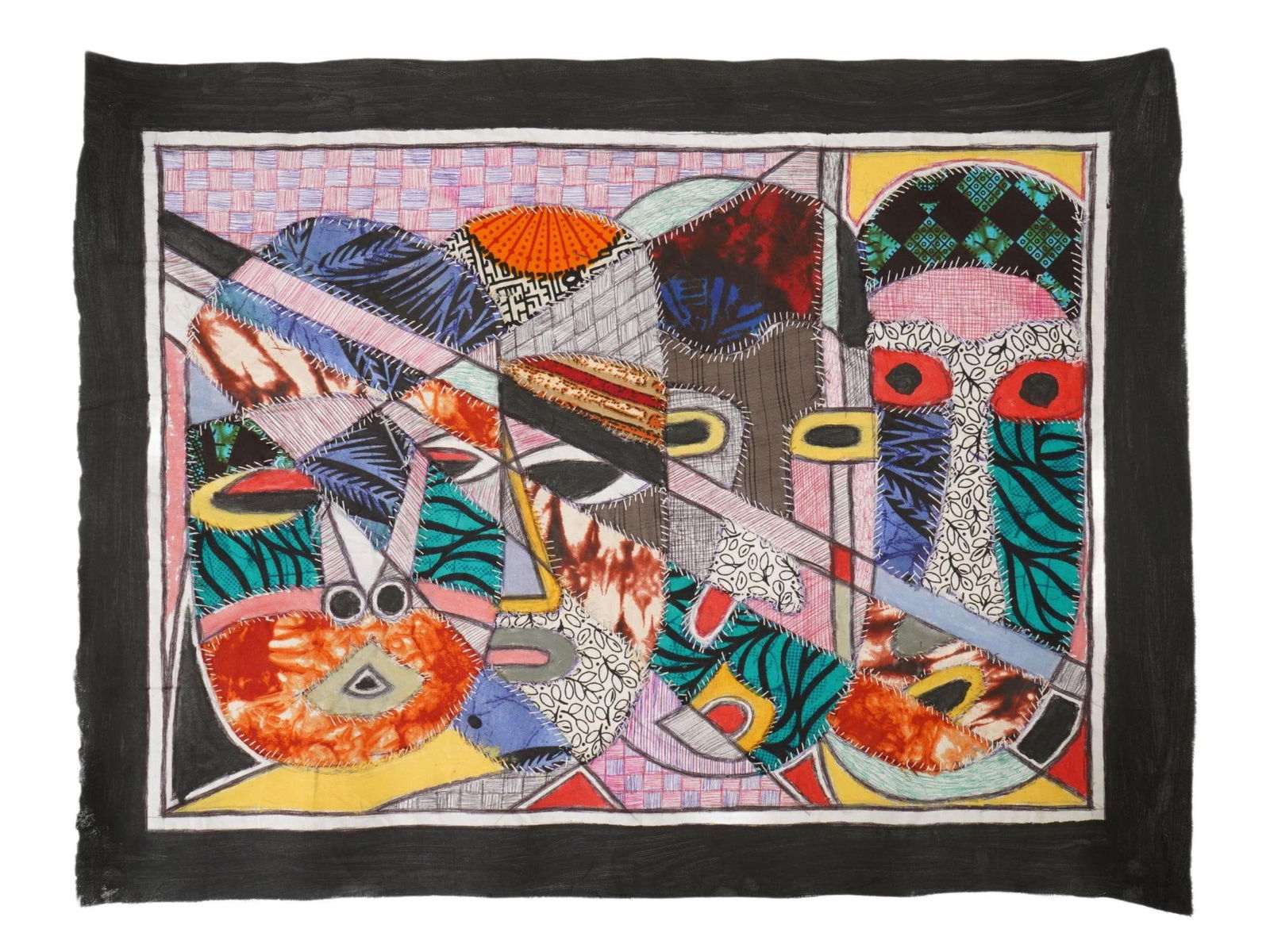 KAYODE BURAIMOH NIGERIAN MIXED MEDIA ARTWORK: Kayode Buraimoh, Nigerian, 21st century, mixed media artwork on fabric. The painting depicts multiple abstract portraits. Signed, titled The Faces, and dated 2024 on the backside. Unframed. Provenance