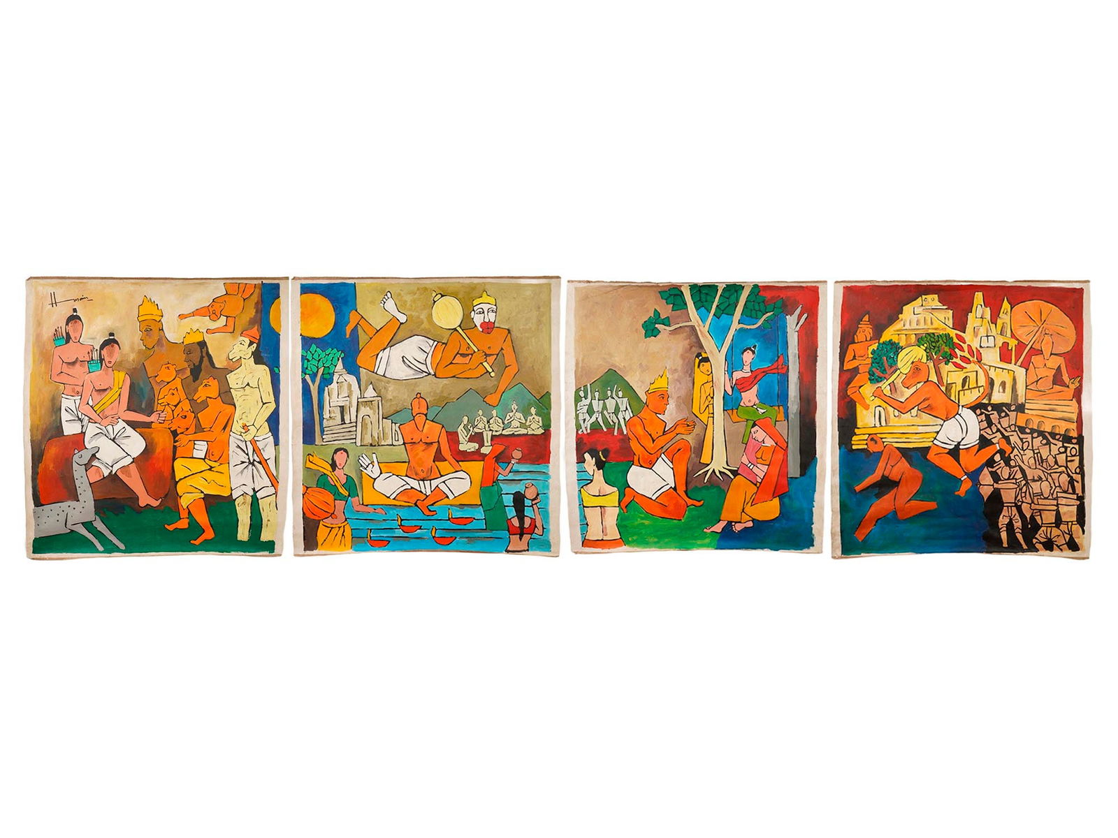 INDIAN SCHOOL QUADRIPTYCH PAINTING SIGNED MF HUSAIN: A mid-century Indian school acrylic quadriptych painting on canvas signed upper right Husain for Maqbool Fida Husain, 1915 to 2011, a leading figure of Indian modernism and co-founder of the Progressi