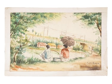 SIGNED S H RAZA WATERCOLOR ON PAPER GENRE PAINTING