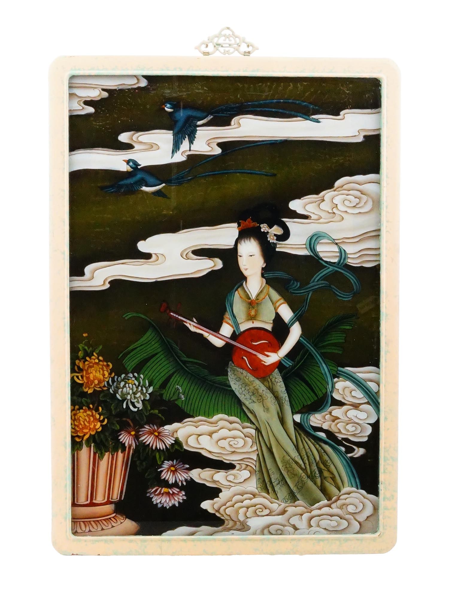VINTAGE CHINESE REVERSE GLASS PAINTING MUSICIAN: A Chinese reverse painting on glass. Peoples Republic of China, after 1949. The artwork depicts a woman playing the pipa, a traditional musical instrument sometimes called the Chinese lute. Original h