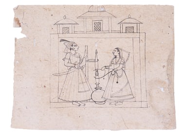 ANTIQUE INDIAN MUGHAL INK PAINTING COURT SCENE