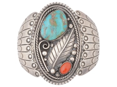 OLD PAWN AMERICAN SILVER TURQUOISE AND CORAL BRACELET