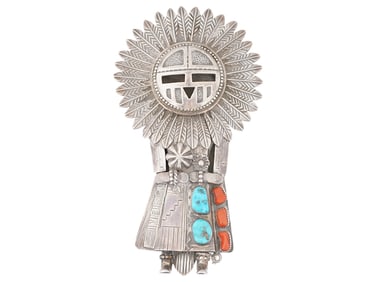 HUGE AMERICAN OLD PAWN TURQUISE CORAL SILVER EFFIGY BOLO TIE