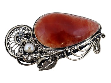VTG 1920S STERLING SILVER BROOCH WITH STONE AND PEARL