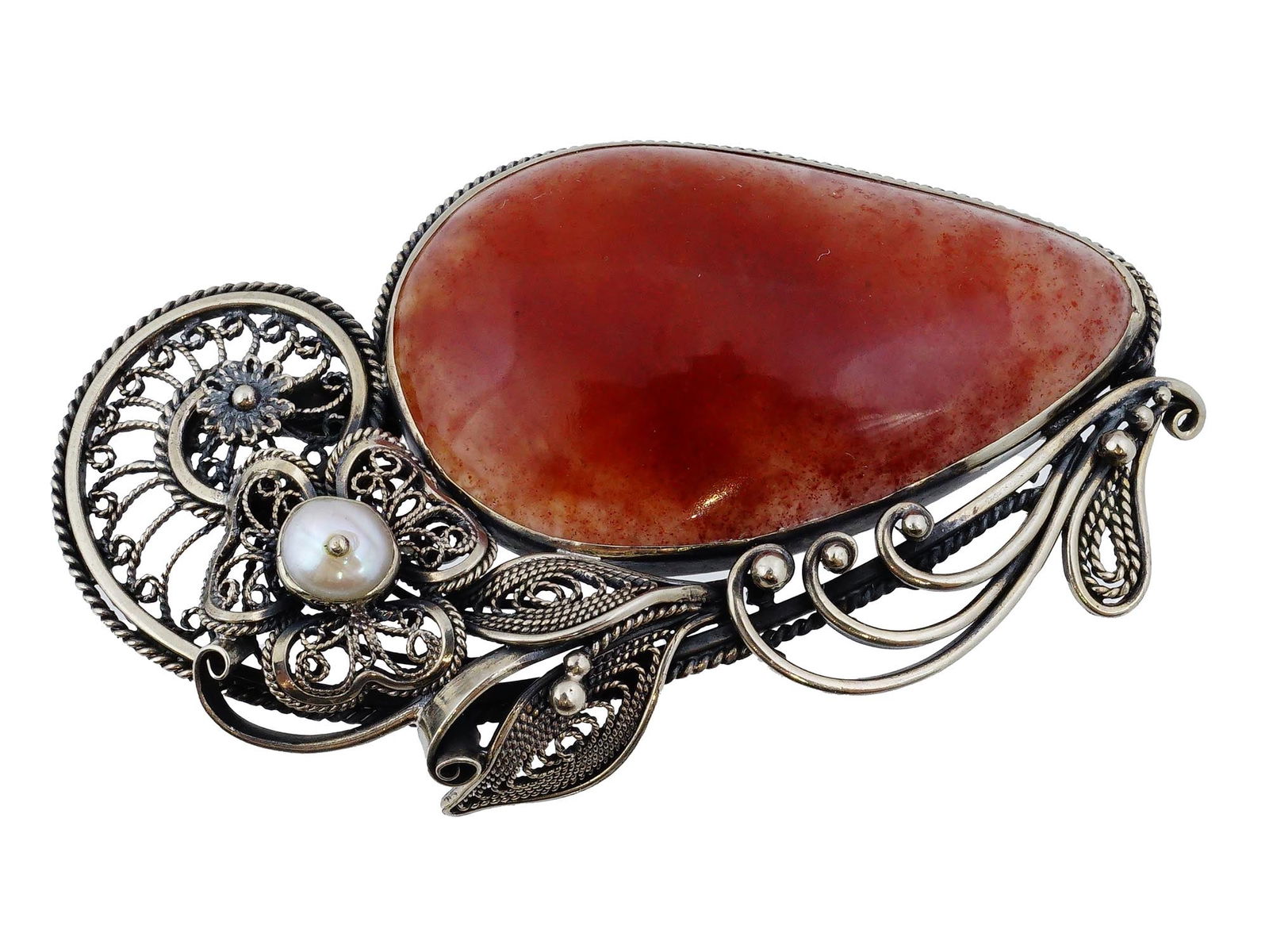 VTG 1920S STERLING SILVER BROOCH WITH STONE AND PEARL (1 of 8)
