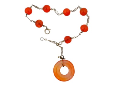 VINTAGE CARNELIAN AND JADE BRACELET W SILVER FITTINGS