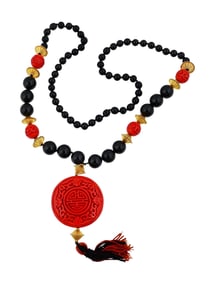 VINTAGE ASIAN STYLE CINNABAR NECKLACE WITH BEADS
