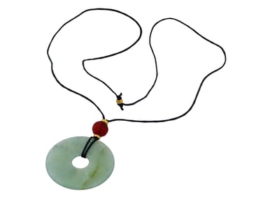 CHINESE CARVED GREEN JADE BI DISK AMULET NECKLACE