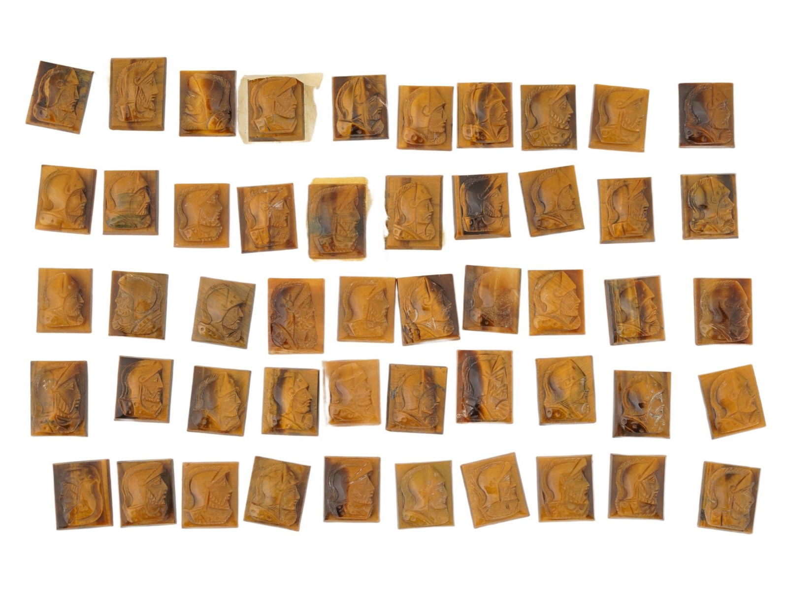 COLLECTION OF 50 HAND CARVED TIGERS EYE CAMEOS (1 of 7)