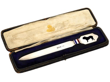 ANTIQUE SILVER ENAMEL LETTER OPENER ASPREY IN BOX