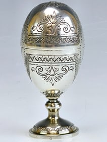 ANTIQUE 19TH C RUSSIAN ENGRAVED SILVER EGG STAND