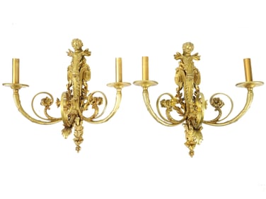 ANTIQUE 19 C GILT BRONZE WALL CHERUB MOTIF WALL SCONCES
