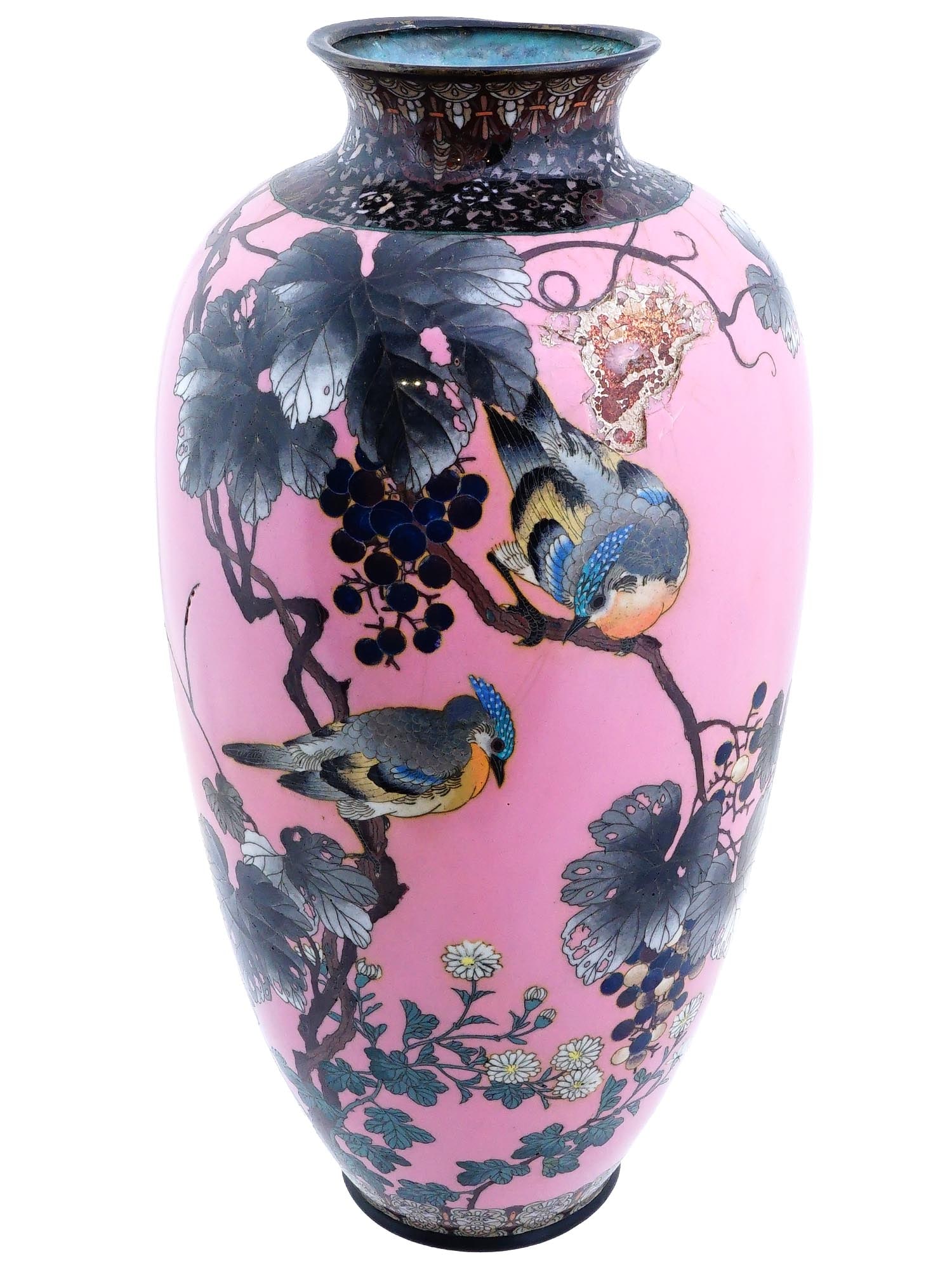 LARGE JAPANESE MEIJI CLOISONNE ENAMELED VASE W BIRDS (1 of 8)