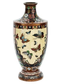 JAPANESE BUTTERFLY CLOISONNE ENAMEL OVER COPPER VASE