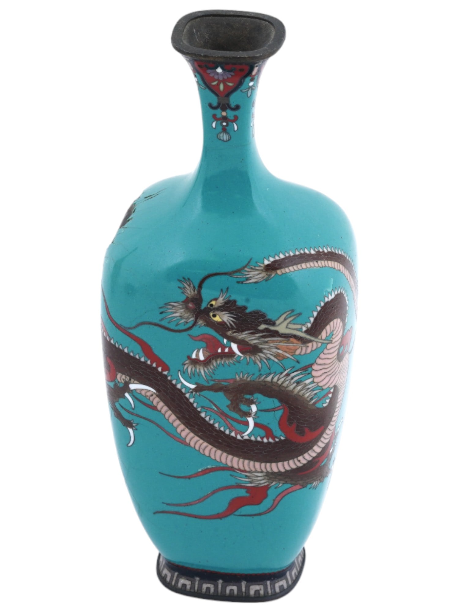 ANTIQUE JAPANESE MEIJI CLOISONNE ENAMEL DRAGON VASE: An antique Japanese late Meiji era vase of a baluster shape with a narrow fluted neck. The metal vase is adorned with a polychrome image of a dragon made in the Cloisonne technique on a bright turquoi