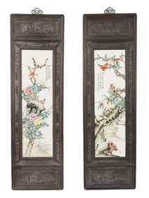 CHINESE PAINTINGS ON PORCELAIN IN CARVED FRAMES