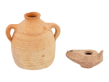 ANCIENT BYZANTINE EMPIRE TERRACOTTA OIL LAMP AND JAR