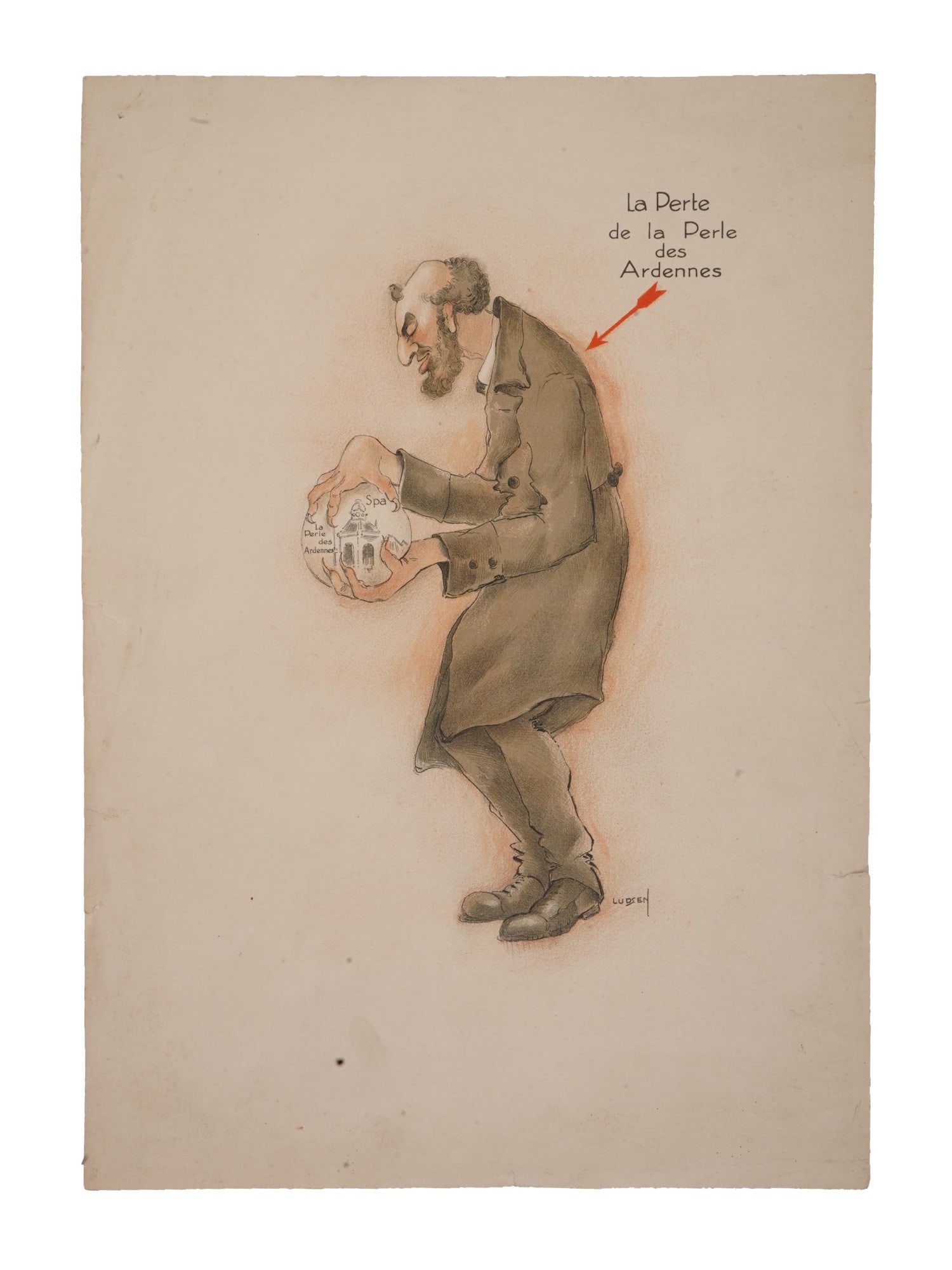 VTG MIX MEDIA ANTISEMITIC DRAWING BY LUDOVIC JANSSEN: A vintage mixed media on paper antisemitic drawing by Ludovic Janssen, 1888 to 1954, a Belgian painter, illustrator, and cartoonist nicknamed Ludsen. The artwork depicts a caricature with an old Jew h