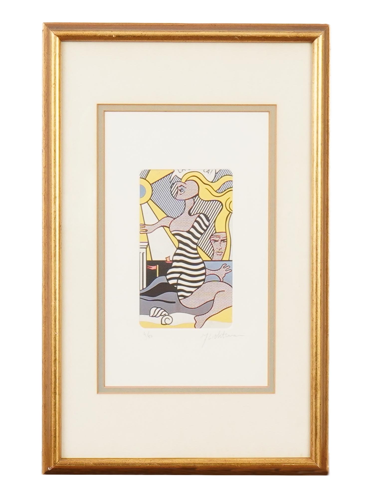 AMERICAN LITHOGRAPH SIGNED ROY LICHTENSTEIN SURREALIST: Roy Lichtenstein, American, 1923 to 1997, At the Beach, a color lithograph from the Surrealist Series, originally created in 1977. The work exemplifies his iconic Pop Art style, featuring primary colo