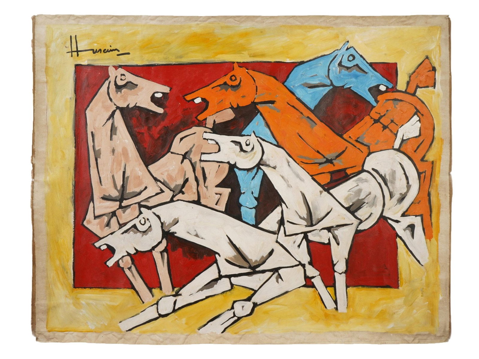 OIL PAINTING SIGNED MAQBOOL FIDA HUSAIN WITH COA: An oil painting on canvas depicting a scene with five horses. Signed, Husain, upper left. The artwork comes with a certificate of authenticity, signed. Maqbool Fida Husain, Indian, English, 1913 to 20