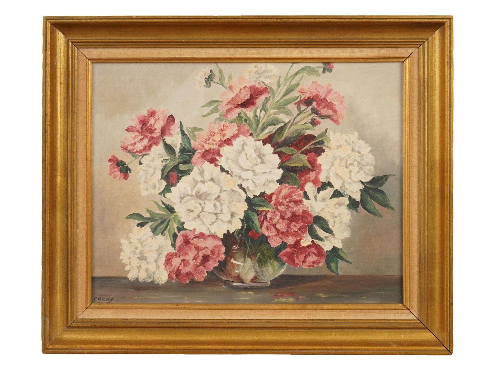 BELGIUM STILL LIFE FLOWERS OIL PAINTING SIGNED CARVY: A still life oil on painting on canvas depicting flowers in a vase. Signed Carvy lower left. Framed. Stamped on the back side and bears a paper label, inscribed Made in Belgium. Collectible Fine Art,