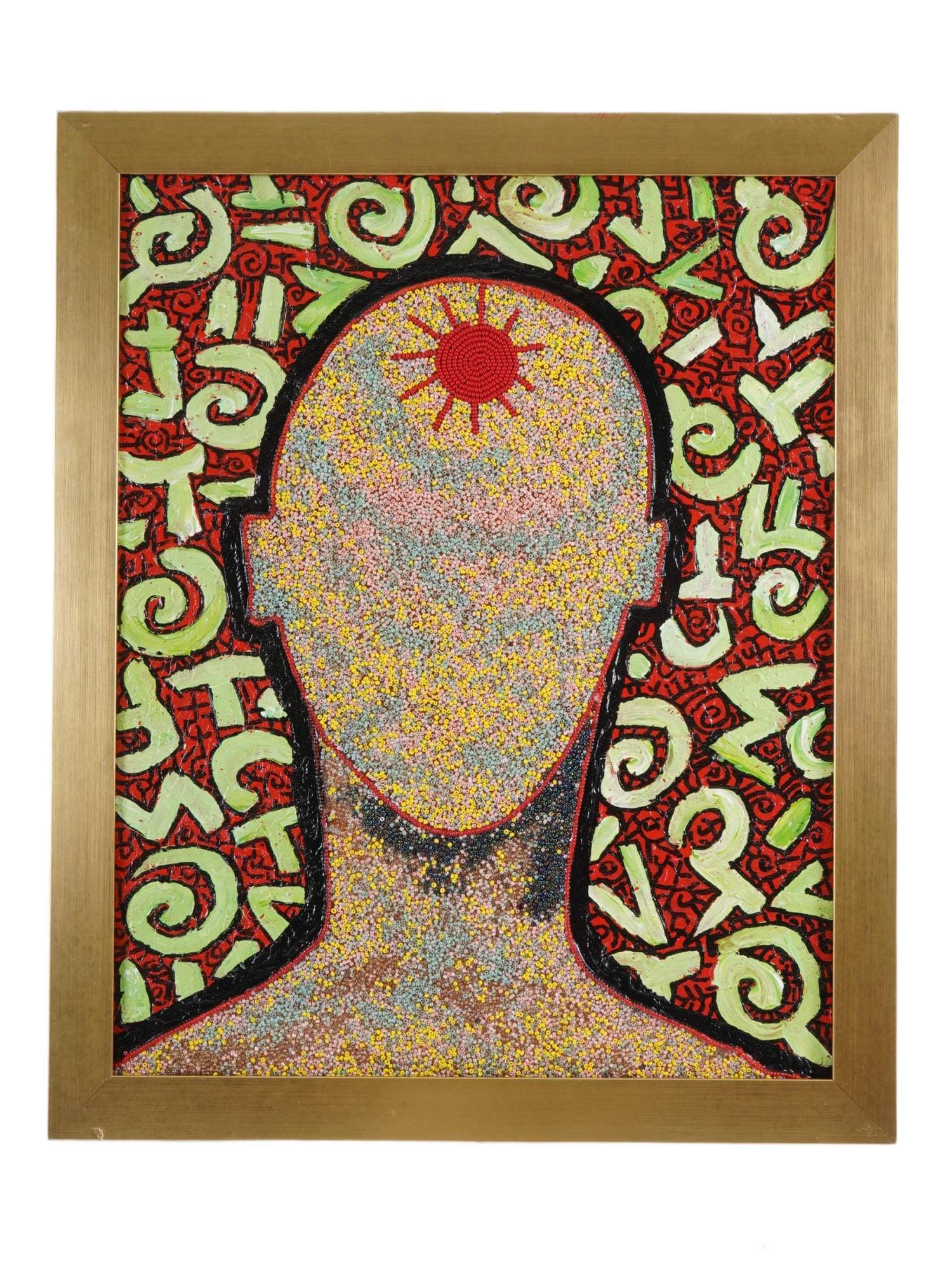 LANRE BURAIMOH NIGERIAN PAINTING ON FABRIC W COA: Lanre Buraimoh, Nigerian, born 1976, mixed media, glass beads, and acrylic on board painting. The artwork depicts a faceless human bust. Titled Romance of the Head. Signed and dated 2024 on the backsi