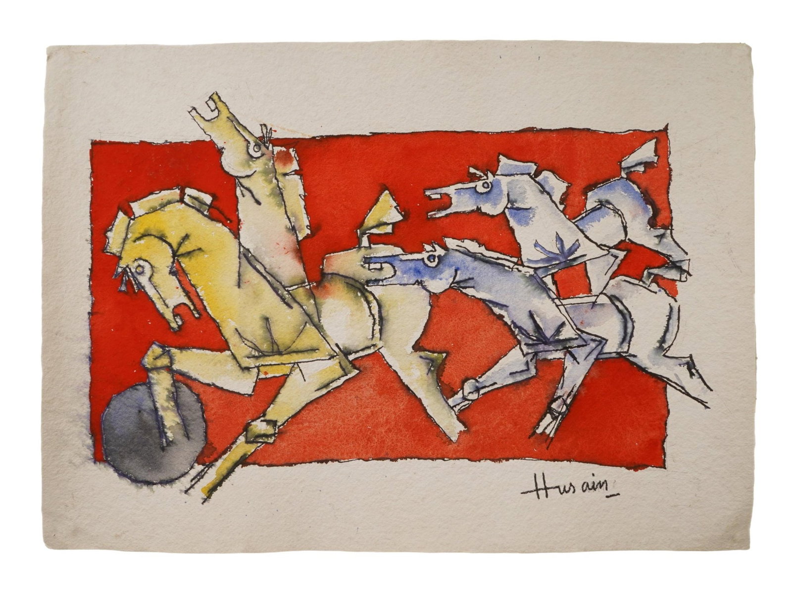 SIGNED MAQBOOL FIDA HUSAIN INDIAN WATERCOLOR PAINTING: An Indian watercolor on paper painting. Signed Maqbool Fida Husain, Indian, English, 1913 to 2011, acrylic painting on canvas depicting running horses. Signed lower right. Maqbool Fida Husain was an I