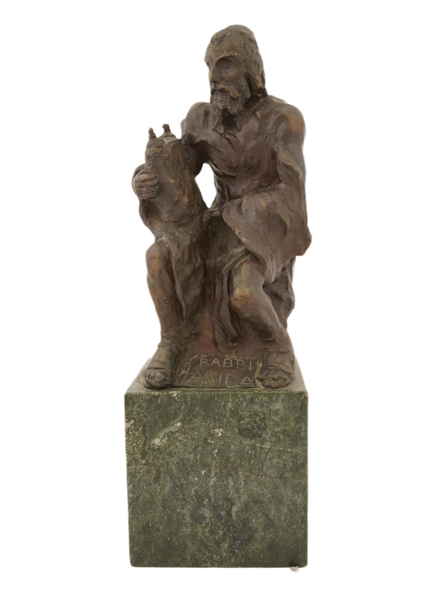 RABBI AKIBA BRONZE SCULPTURE ON STONE BASE: A vintage bronze sculpture on a stone base featuring a sitting elderly man, inscribed Rabbi Akiba, lower near the base. Inscribed on the side: Greenberg, April 1980. Antique And Vintage Sculptures, Ho