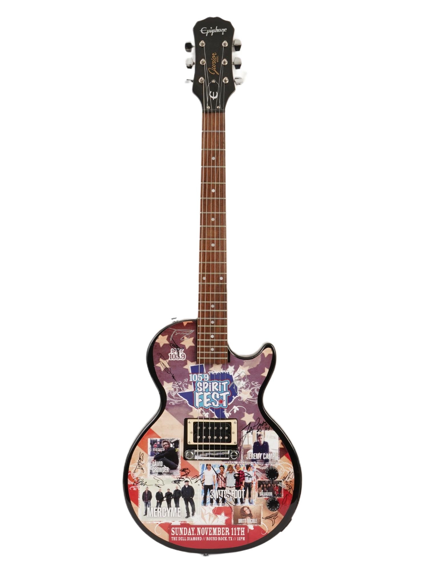 ROCK SPIRIT FEST GUITAR SIGNED BY POPULAR MUSICIANS: An Epiphone Junior model guitar dedicated to the 105. 9 Spirit Fest Sunday November 11th The Dell Diamond Round Rock. The body of the guitar is adorned with printed photos of musician bands and artist