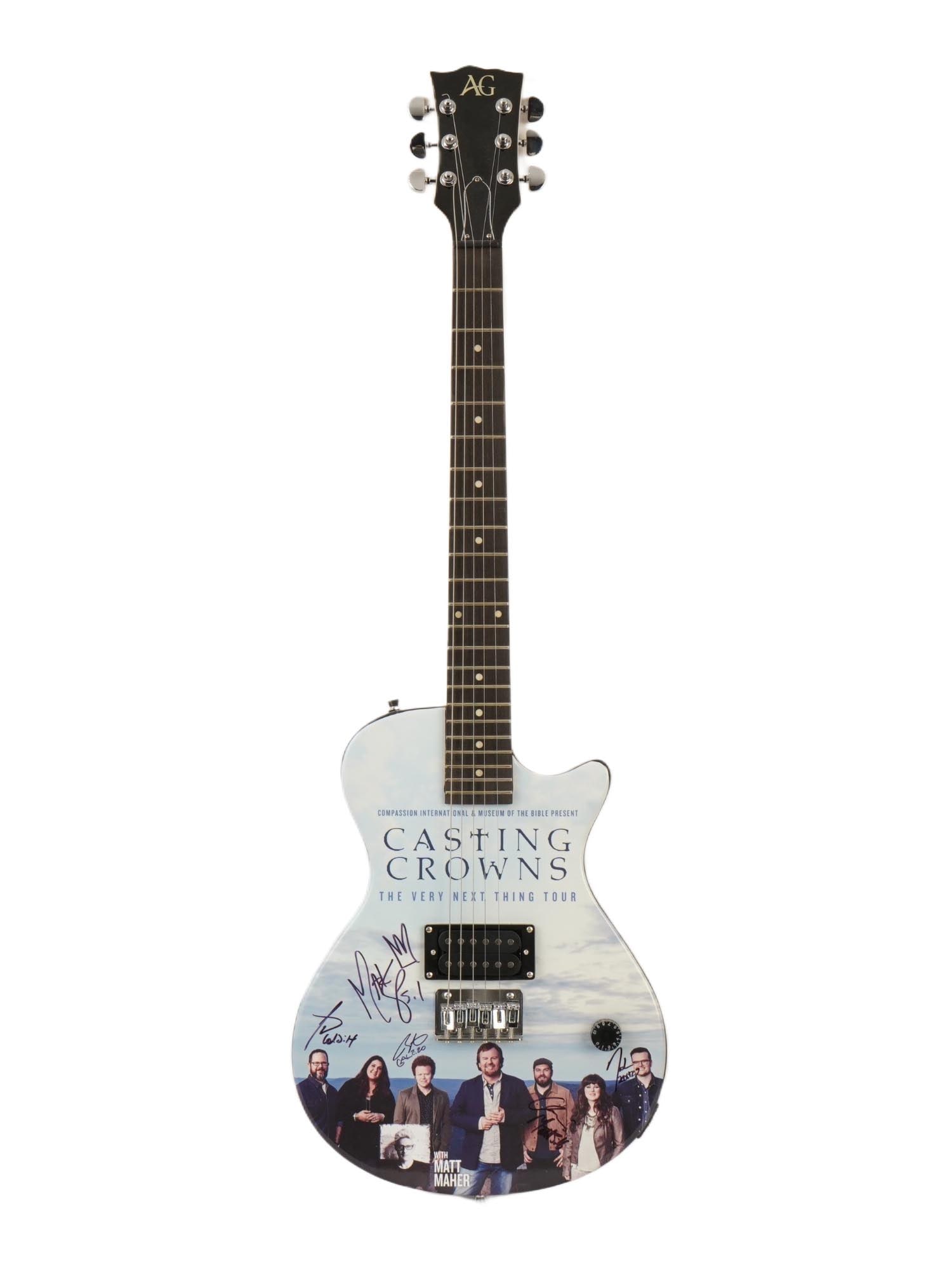 AG ELECTRIC GUITAR SIGNED BY CASTING CROWNS ROCK BAND: An AG electric guitar autographed by Casting Crowns and Matt Maher during The Very Next Thing Tour. The guitar features images of the band members on the body. Casting Crowns is a well known American