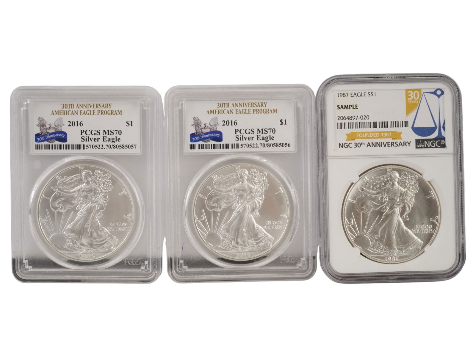 2016 AND 1987 AMERICAN SILVER EAGLE COINS MS GRADED (1 of 3)