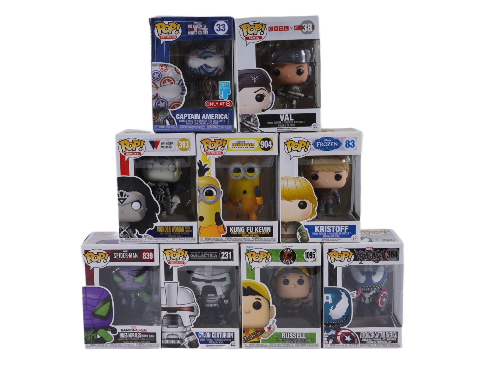 LOT OF FUNKO POP COLLECTIBLE VINYL FIGURES TOYS IOB: A lot of nine Funko Pop collectible vinyl figures toys. The collection includes Captain America 33 from the Art Series; Evolve Val 38; DC Heroes Wonder Woman 393 from the exclusive Amazon series; Mini