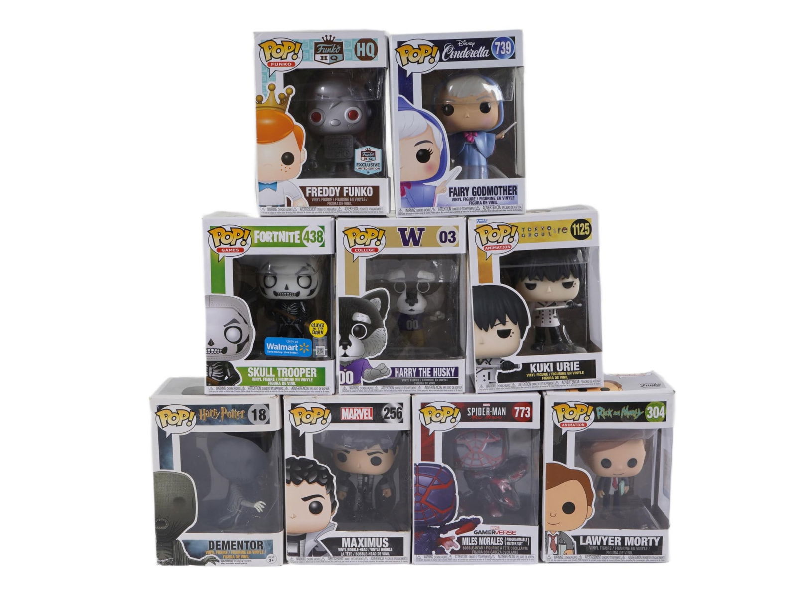 LOT OF FUNKO POP COLLECTIBLE VINYL FIGURES TOYS IOB: A lot of nine Funko Pop collectible vinyl figures toys. The collection includes Freddy Funko HQ Exclusive; Fairy Godmother 739; Skull Trooper 438; Harry the Husky 03 Pop College Mascots series; Kuki U