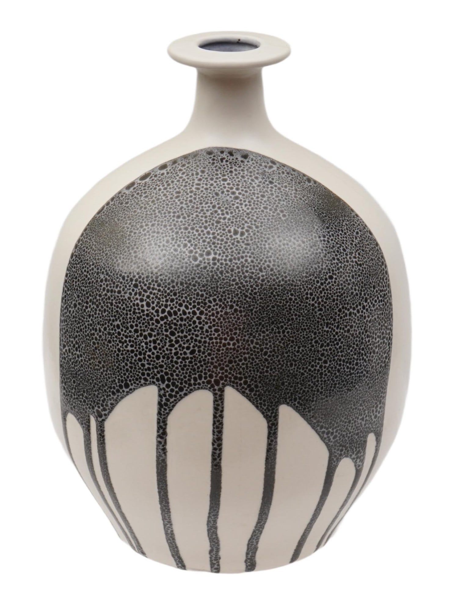 LAPID CERAMIC VASE F ISRAEL PAINTED BY FIBY 1960S: A vintage, 1960s Lapid glazed ceramic vase from Israel hand-painted by Fiby. The wide, rounded vase with a short, narrow neck that widens at the top, covered in dark glaze with a motif of flowing lava