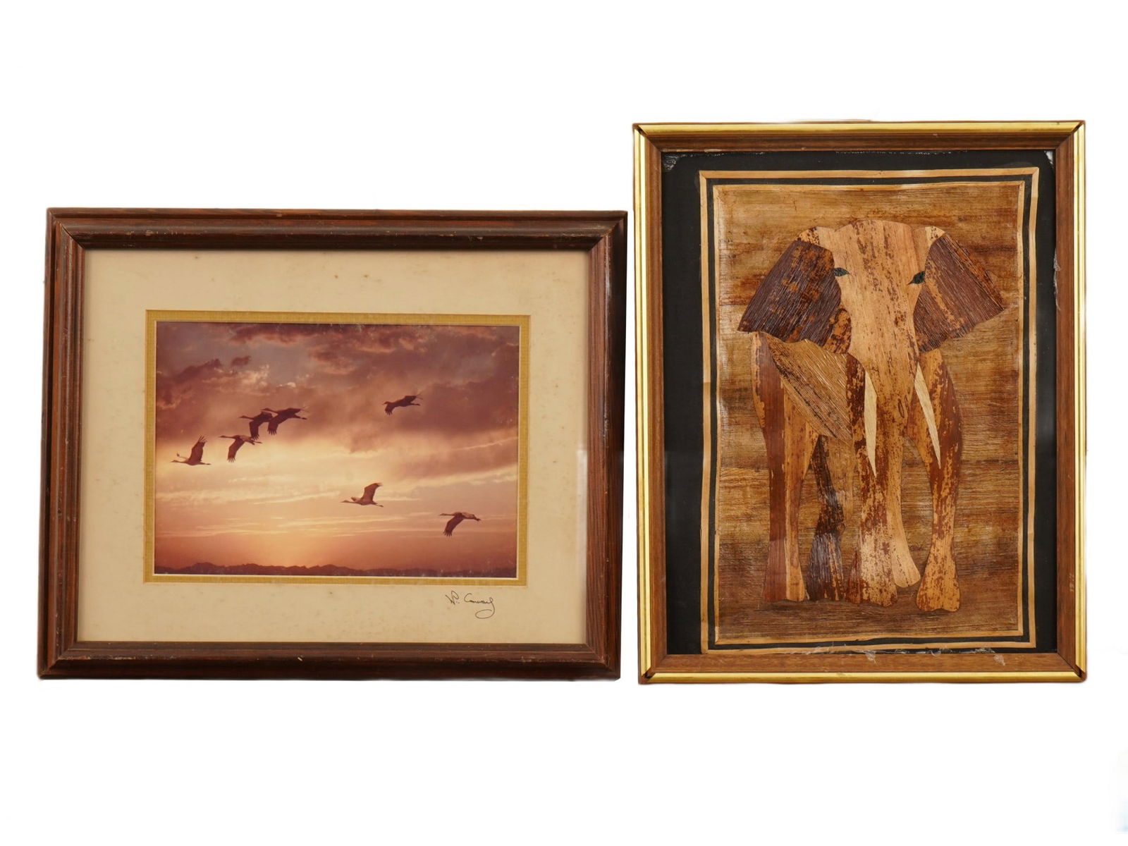 LOT OF ONE MIXED MEDIA COLLAGE ONE PHOTO PRINT SIGNED: A lot of two artworks. The first depicts a sky view with a flight of silhouetted birds against a dramatic sunset with an orange pink sky and clouds, signed by the artist in pencil, lower right. The se