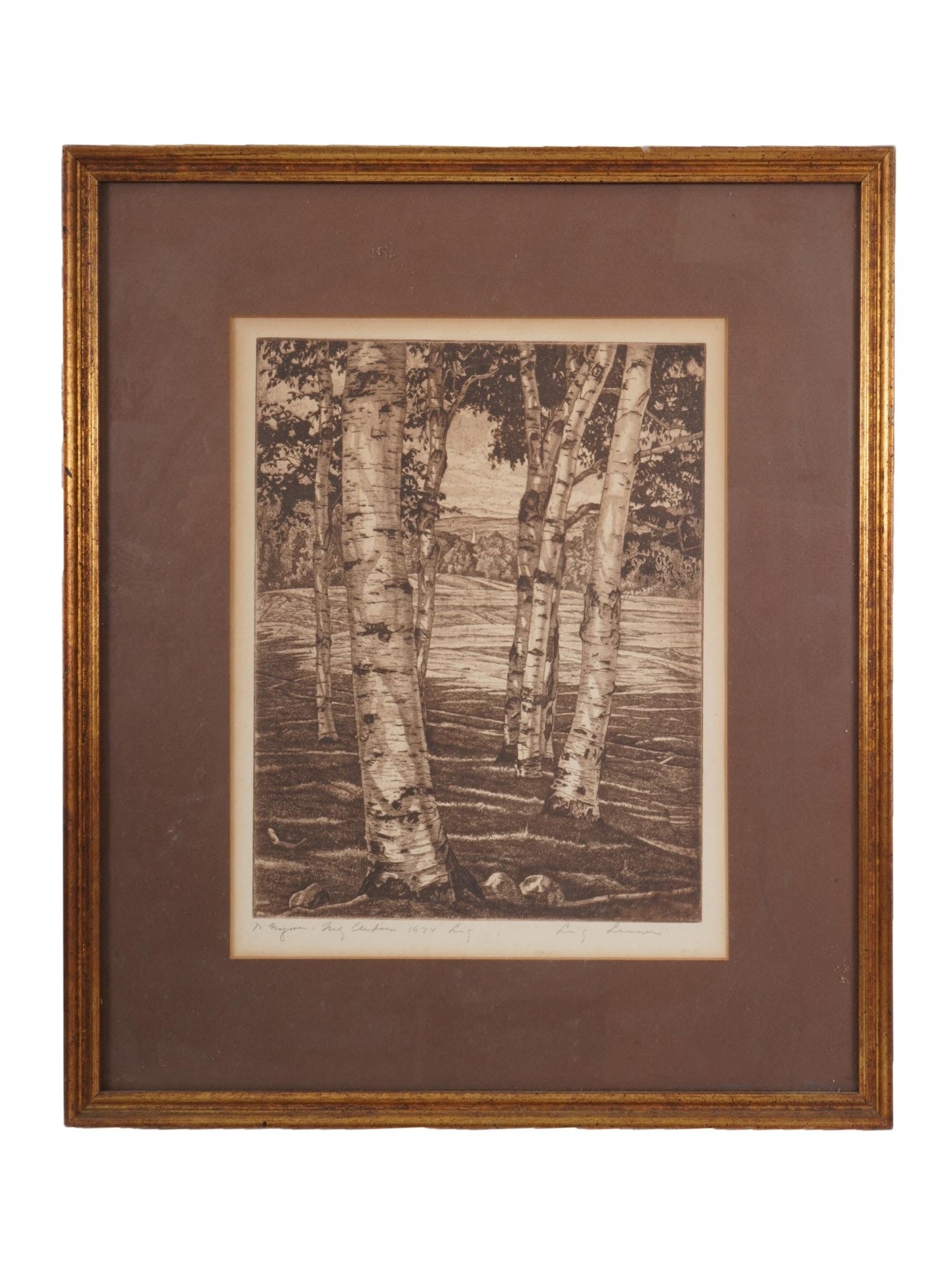 SIGNED LUIGI LUCIONI ITALIAN AMERICAN ETCHING: Etching on paper signed Luigi Lucioni, 1900 to 1988, an Italian-American painter best known for his detailed portraits, still lifes, and landscapes of the Vermont countryside. The artwork depicts a fo
