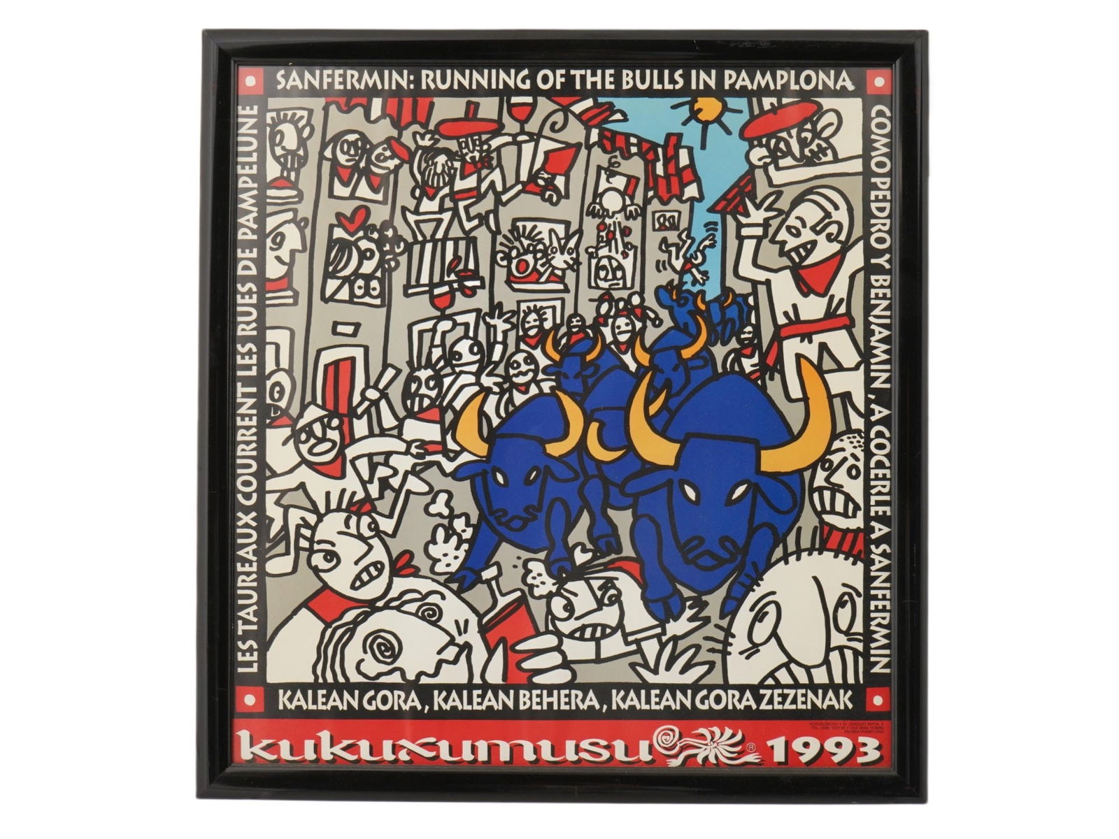 VINTAGE SPANISH KUKUXUMUSU POSTER BY MIKEL URMENETA: A vintage Spanish Kukuxumusu poster by Mikel Urmeneta. The poster was designed for the Pamplona San Fermin Bull Run, 1993. This is an annual festival held. Mikel Urmeneta, born in 1963, is a Spanish c