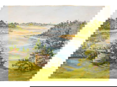 MID CENTURY OIL PAINTING TRANQUIL LANDSCAPE WATERWAY