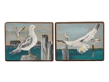 PAIR OF FOLK STYLE PAINTINGS WITH SEAGULL SCENES