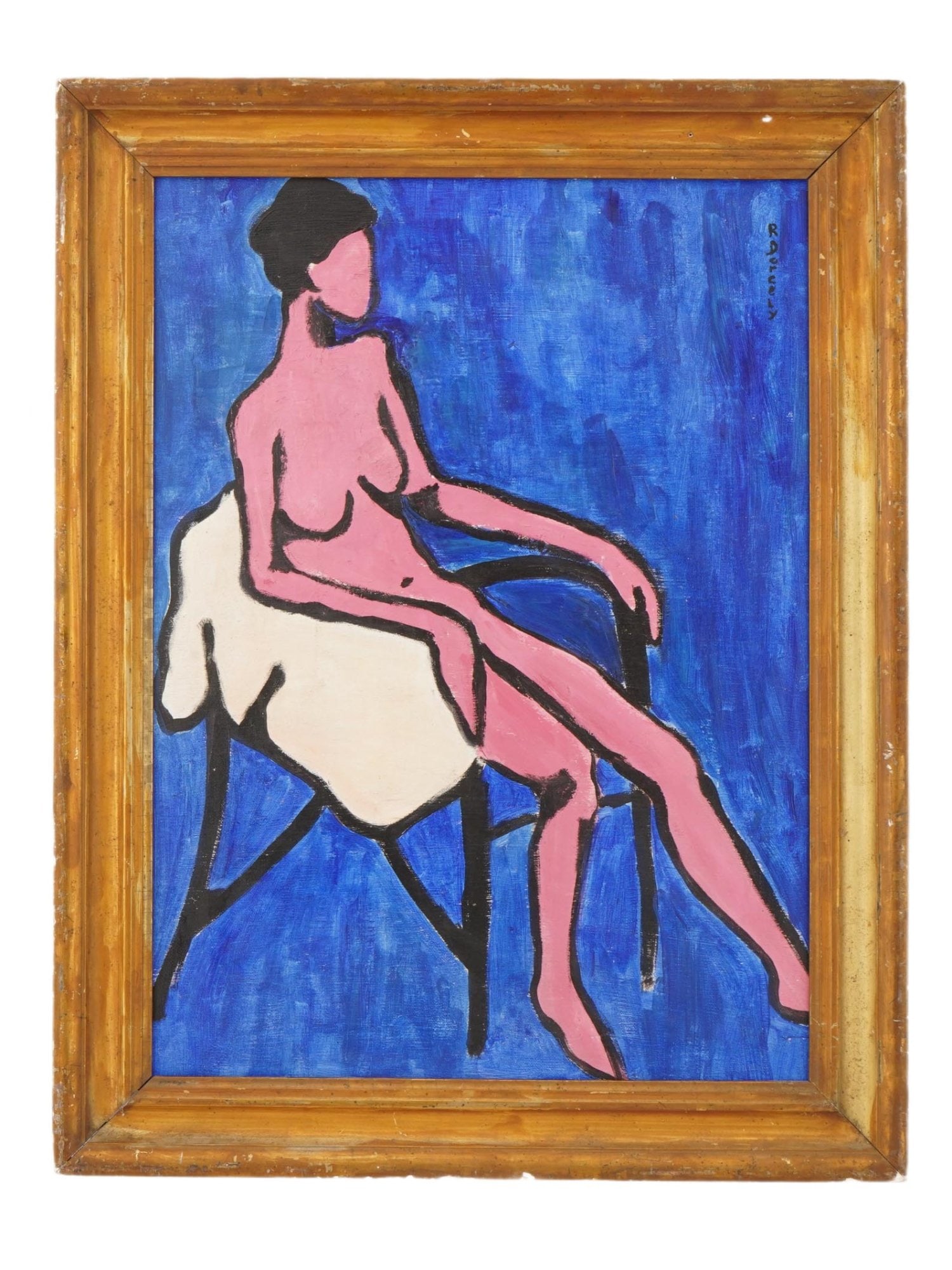 HAITIAN PORTRAIT OIL PAINTING SIGNED ROLAND DORCELY: An oil on canvas painting signed Roland Dorcely. Depicting a portrait of a nude woman sitting on a chair. Framed. Signed upper right and bears a paper inscribed with the artists name on the back side.