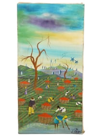 HAITIAN FOLK ART OIL PAINTING SIGNED J. DUFAS HARVEST