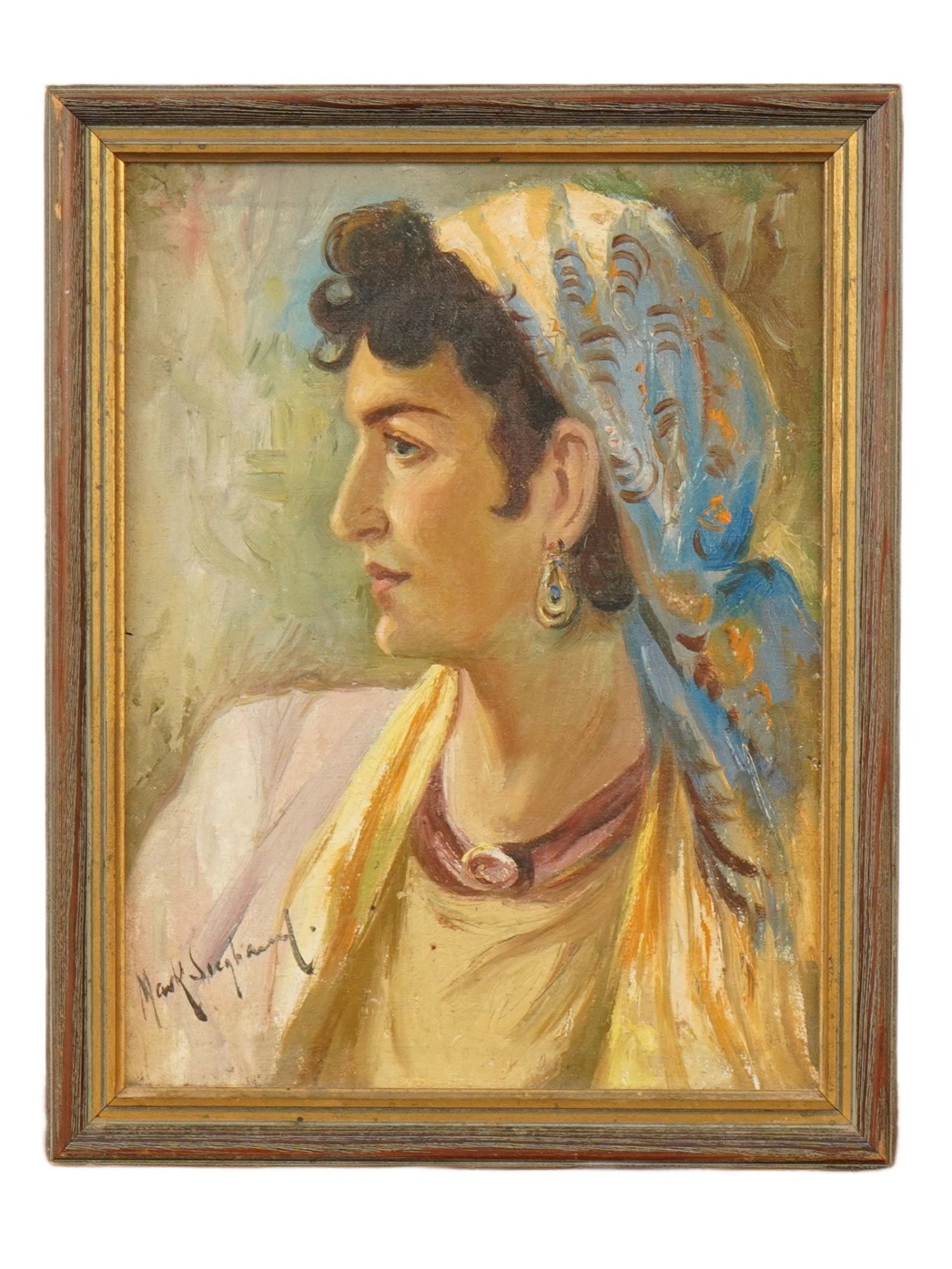 VINTAGE AMERICAN FEMALE PORTRAIT OIL PAINTING: A vintage oil on canvas portrait painting, likely of American origin. The painting depicts a portrait of a curly, dark-haired woman in the left profile, wearing large earrings and a blue headscarf. Il