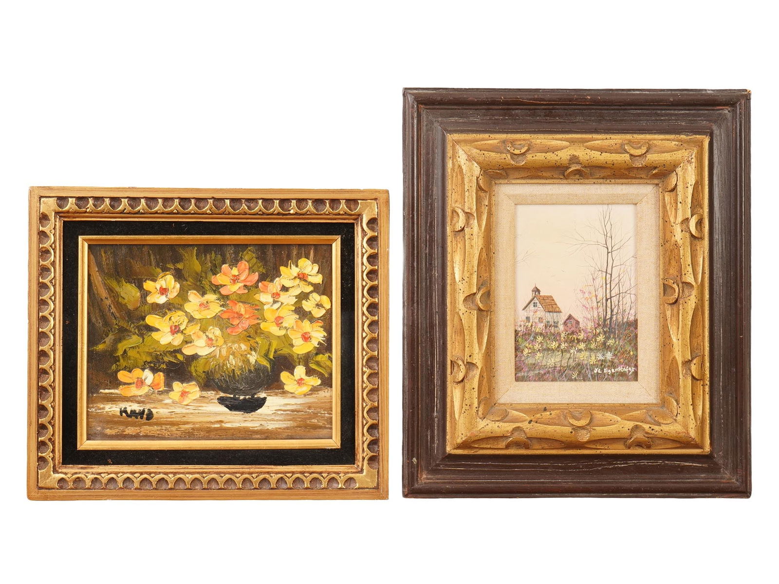 MID CENTURY OIL PAINTINGS STILL LIFE COTTAGE LANDSCAPE: Two mid-century oil paintings, one on canvas and one on board. The first, a floral still life, depicting a bouquet of flowers in a dark vase set against a deep background, signed in the lower left. Th
